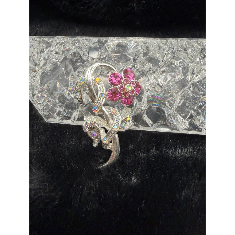 Vintage Rhinestone Flower Bow Brooch‎ Hot Pink Aurora Borealis Silvertone